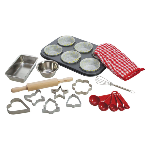 This Baking Set from Bigjigs will encourage every Young Chef to develop their skills! Includes a six-bun baking tray, a ramekin, loaf tin, a whisk, a wooden rolling pin and six pastry cutters. 
