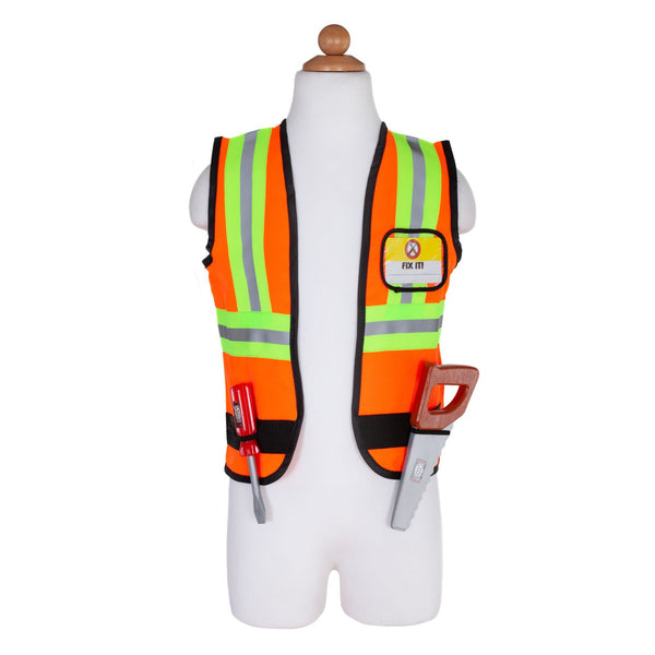 Your little builder can dress up and build their heart out with this complete 7 piece dress-up-and-play set. This set includes an orange vest with reflective stripes, a hard hat with decal, a plastic play hammer, a plastic play mini saw, a plastic play screwdriver, safety goggles and a name tag. 
