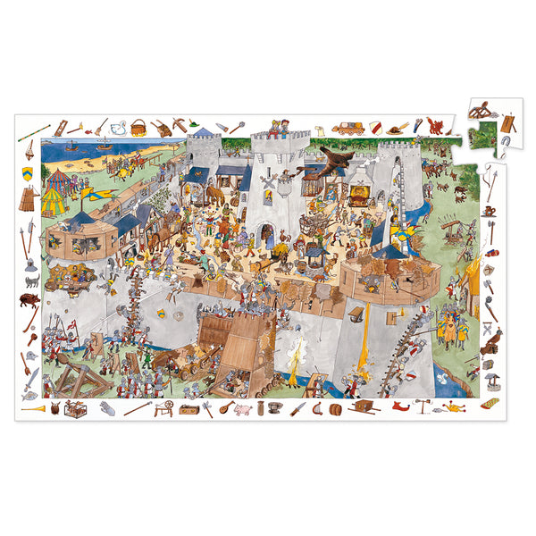 A 100-piece knight-themed observation puzzle. Take a look at how they live...until the castle is attacked. Children put the puzzle together, then get to have fun finding items from the border in the main picture. A puzzle and an observation game: find the items shown in the border in the main puzzle picture. 