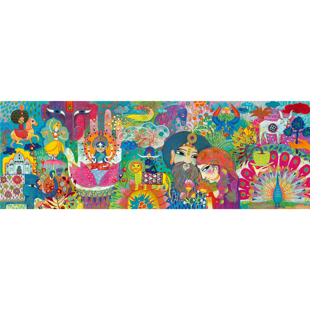 Magic India is a 1000-piece puzzle gallery showing the vibrant colours and customs of India. Our illustrators went wild with an all-new, super long format! A fun and innovative way of teaching children about painting. 