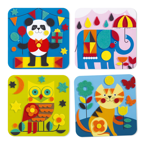 Children will love creating their own artworks with this sweet Gentle Creatures felt collage kit by Djeco. An entertaining collage activity specially designed for ages 3 to 6. Children follow the instructions to assemble and stick on the felt dots to create 4 soft and colourful animal designs.