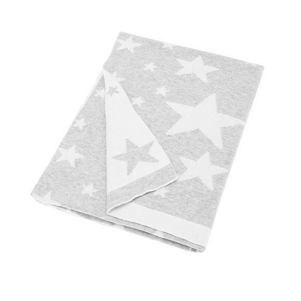 Super soft reversible baby blanket in grey & white with stars knitted from 100% soft combed cotton. 
