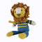 Lenny Lion, a soft toy with a big furry mane and wearing a striped jumper. Knitted in 100% cotton, he is one of our Jungle Friends. Perfect as a gift for babies and children.