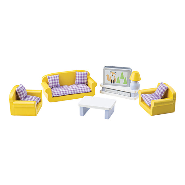 Create the perfect place for your dolls to relax after a long day and even watch TV with this doll's house Living Room furniture set from Bigjigs! Wonderfully detailed and made from Beechwood, this set fits perfectly into most standard sized dolls houses. Little ones will love providing a life-like living room for their doll family. This extensive 9 piece set includes a sofa, two arm chairs, a coffee table, lamp and television with a television shelf plus a DVD box and Freeview box. 
