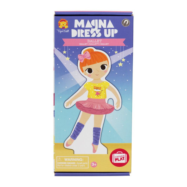 Pop the magnetic paper doll in her wooden stand and press the magnetic costumes out for dressing up fun. Mix and match ballet shoes, tutus, tiaras, leotards and bows to create new looks again and again.