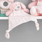 Peaches puppy double-sided comforter in a peachy pink soft plush and jersey printed with stars finished with knotted corners for little fingers to grab.  A lovely gift for a newborn.