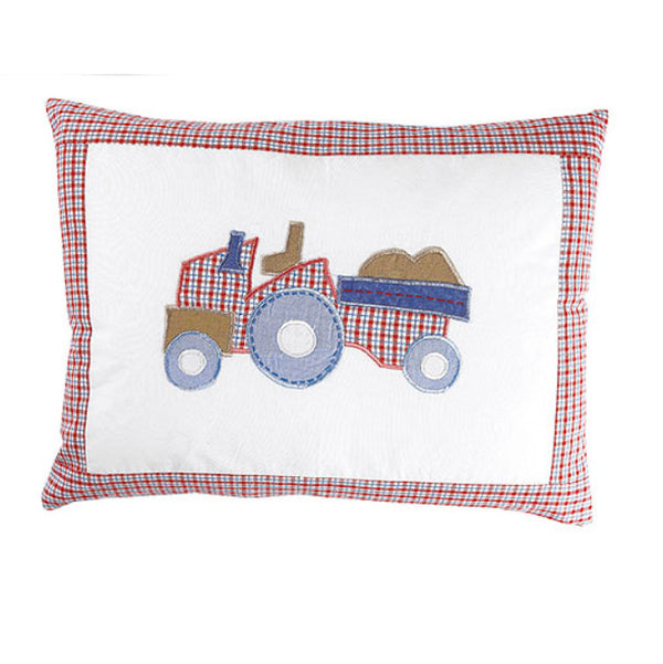 Quilted cushion for a nursery or child's bedroom with a truck appliqued on. White with a blue and red gingham check border, concealed zip. 100% cotton removable cover.