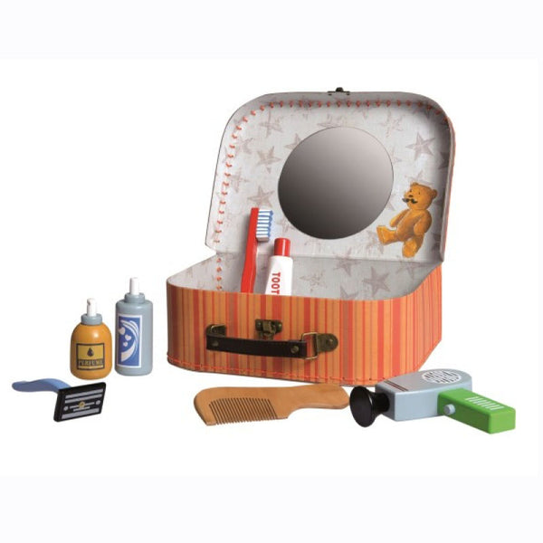  This toy shaving kit is beautifully designed with wooden grooming equipment including a razor, comb, hairdryer, toothbrush and more. The kit is stored inside a stunning little case decorated with illustrations and patterns and  with a mirror inside the lid.