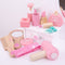 Little ones can make themselves feel beautiful with this pretend play Vanity Kit - with all of the essentials! This 11 piece role play set features a hand cream bottle, mirror, comb, nail polish, lipstick, perfume, hair dryer, compact powder, head band and 2 bow hair bands, all supplied in a colourful carry case with handle. The carry case makes it ideal for travel. 