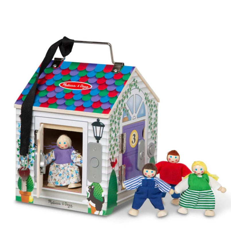 Ding Dong! Fun is waiting for your little ones at the door of this vibrant wooden doorbell house from Melissa and Doug! Includes four electronic doorbell sounds, four unique locks with matching keys, and four play people. The keys will never be lost as they are attached to the house and the handle makes it all set to go on the move!