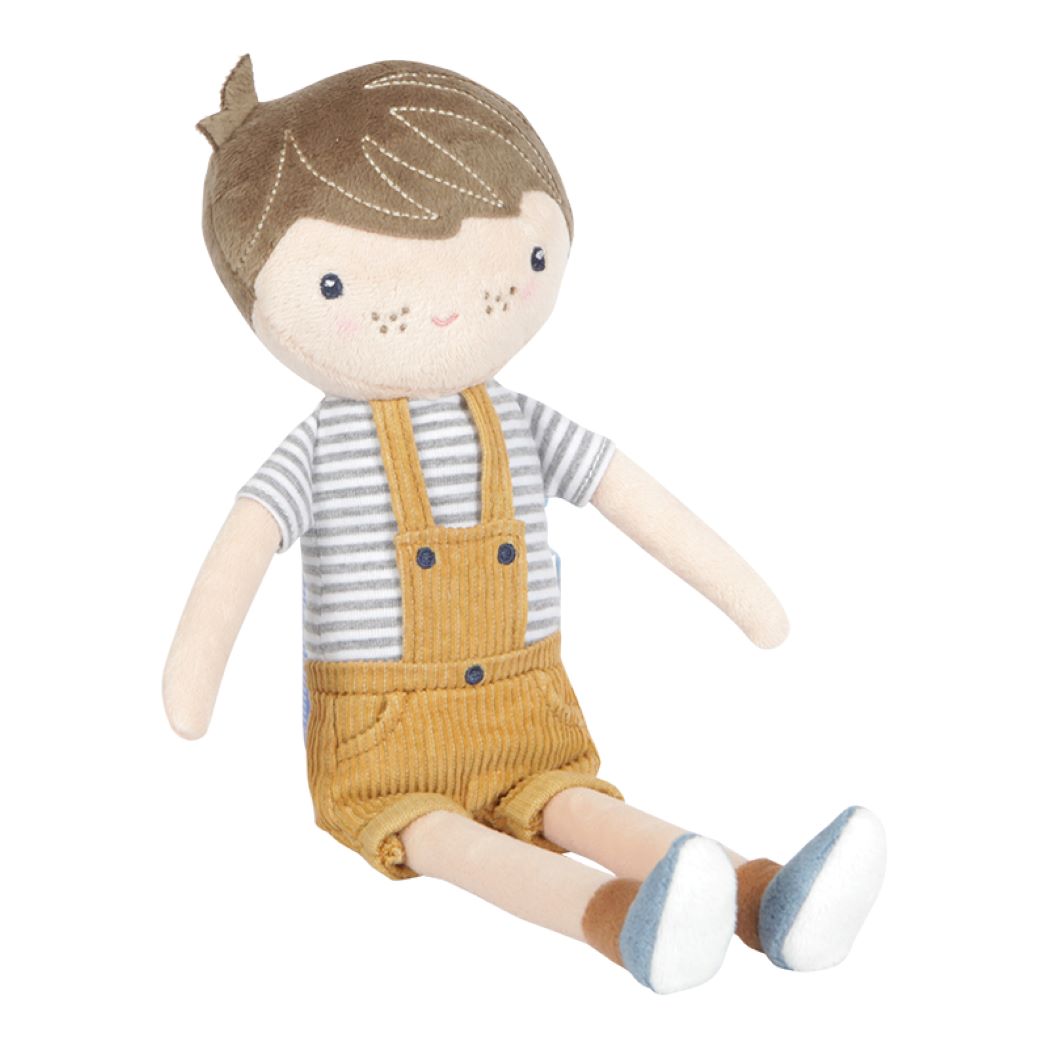 Jim the cute plush cuddle doll in his cool dungarees is soft and lovely to cuddle with. Jim can sit up and likes to go with you in the Little Dutch wooden doll stroller.