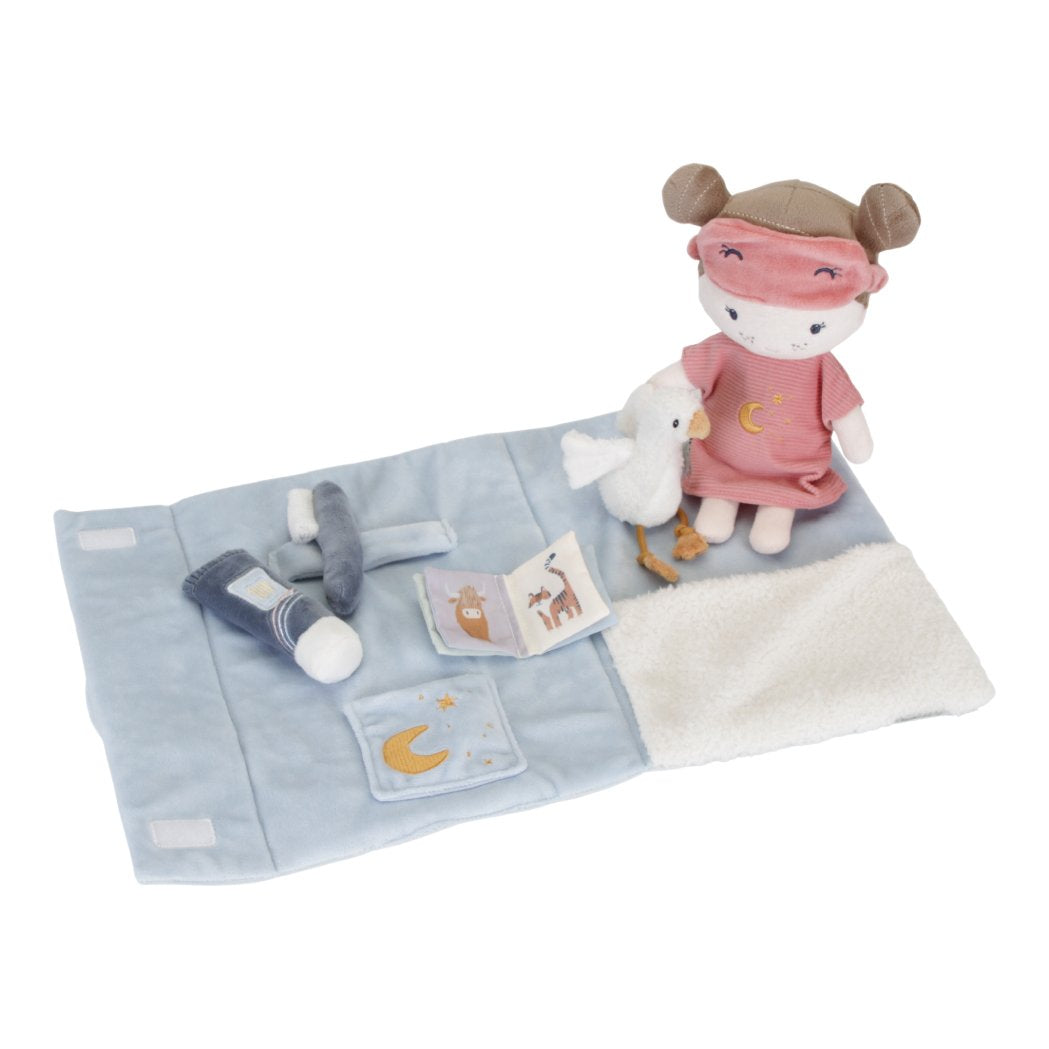 This doll sleepover playset will encourage lots of hours of play pretend. The soft light blue suitcase folds open into a bed. Your little one can put Rosa in her pajamas, prepare for bedtime with the tooth brush and tooth paste, snuggle with Little Goose and read a bedtime story from the included book with animal illustrations. 