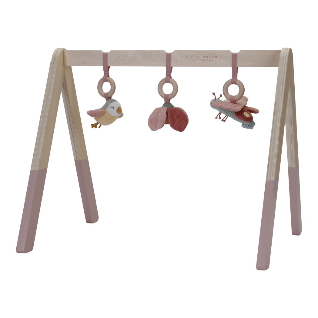   Lift those little arms! Curious babies are guaranteed to have a good time with this natural wooden baby gym. It features three different flower-themed activity toys that will do all the entertaining, including a cheery little bird, a crinkly butterfly and a colourful flower. 