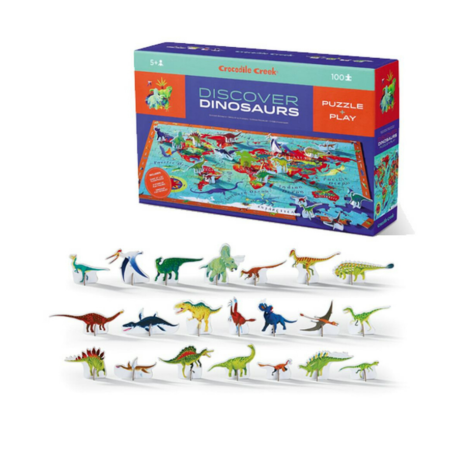Challenge your kids to put together this 100 piece, beautiful dinosaur jigsaw from Crocodile Creek! Includes a fact book and 21 stand-up Learn & Play dinosaurs.   Complete the puzzle and find and identify all the different dinosaurs using the fact book. Dinosaurs are named and colour-coded by continent on the back. Play with the stand-up dinosaurs, many of which also feature in the jigsaw border for Seek & Find games. 