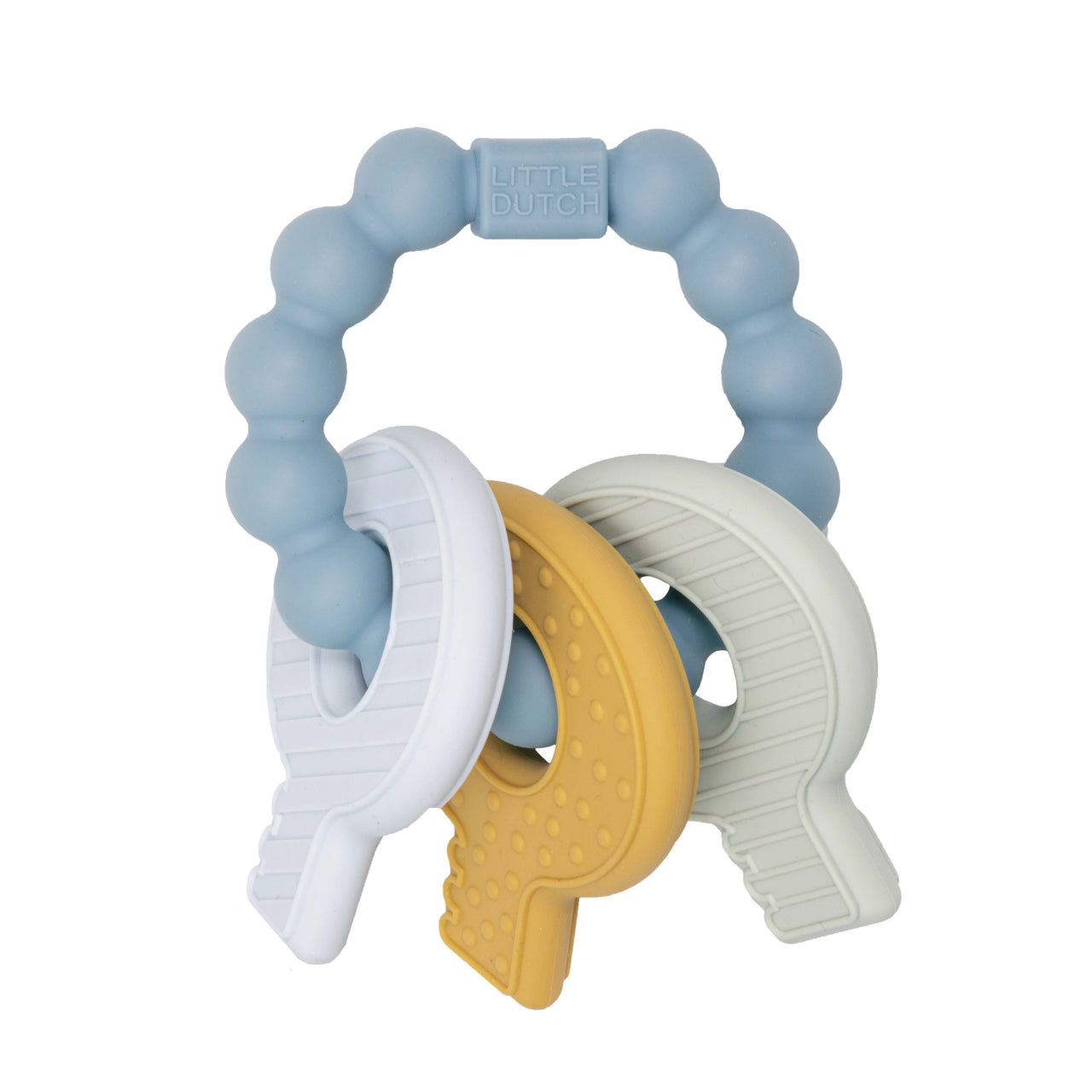 The appearance of the first teeth is a milestone but not always comfortable for your baby. To soften the pain we have created this multifunctional teething toy in the shape of a keychain. It is multifunctional: it’s a fun toy and it will provide soothing comfort and helps stimulate the eruption of your baby’s new teeth. 