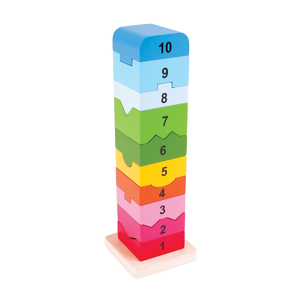 This toy provides a thrilling way to learn about numbers whilst building a brightly coloured wooden tower. Children can practise both number recognition and counting as they fit each wooden piece next to its individually-shaped numerical neighbour. Made from high quality, responsibly sourced materials. Conforms to current European safety standards. Consists of 11 play pieces.