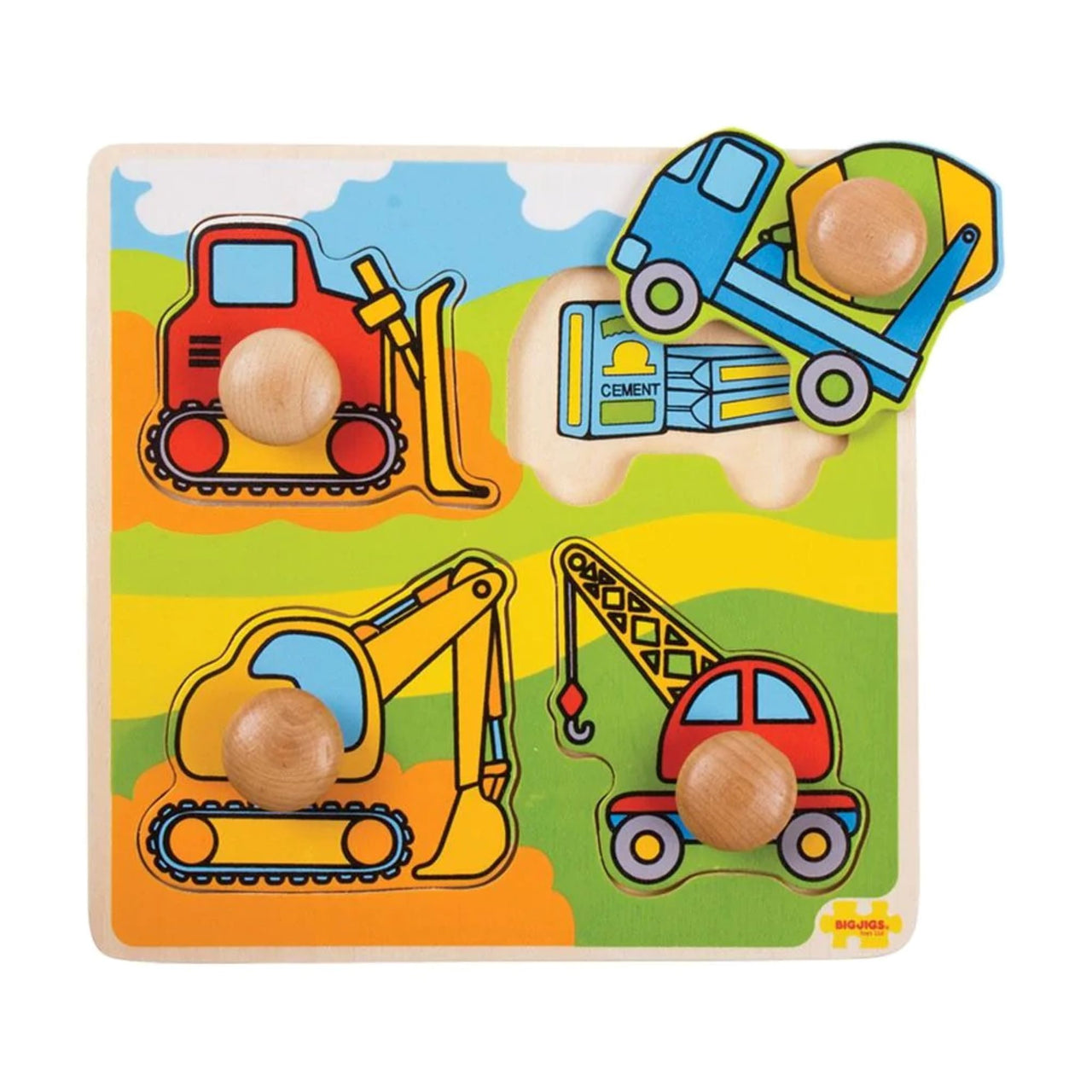 Easy to lift wooden puzzle pieces feature a pegged handle on each piece. Each chunky wooden puzzle piece is generously sized to make it easier for little hands to lift, grasp, examine and replace. Match each brightly coloured wooden piece to the correctly shaped slot on the base board to reveal the four construction vehicles.