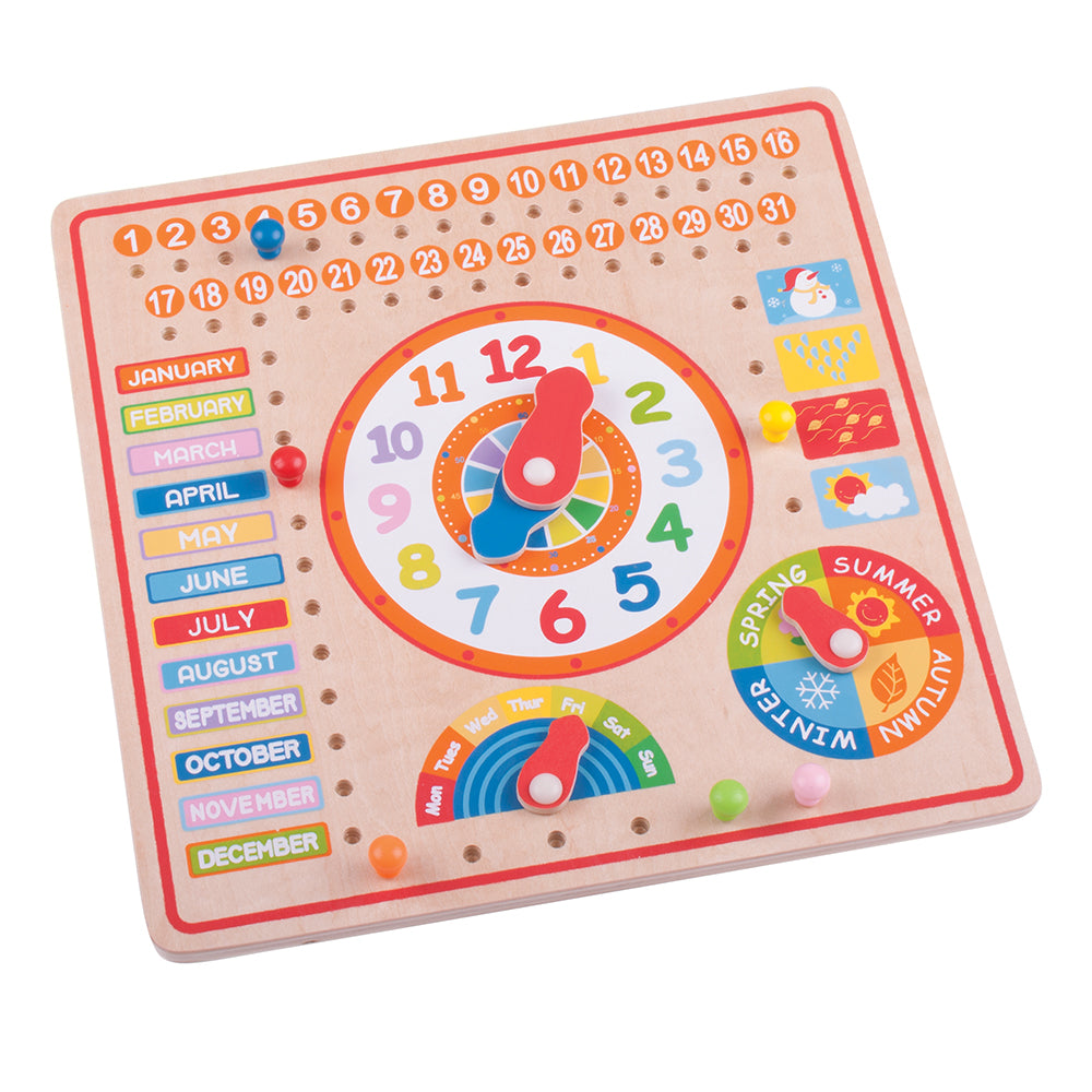 This bright and vibrant activity board from Bigjigs is great fun and highly educational. It includes a large clock for learning to tell the time and day, month and season peg boards, plus dials for days of the week and seasons!  