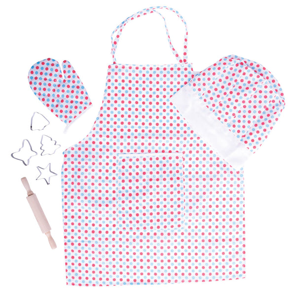 Help your little chefs look the part in this bright Sotty chef set from Bigjigs. This spotty apron with matching hat and oven glove will encourage your youngster to get creative in the kitchen and food preparation.
