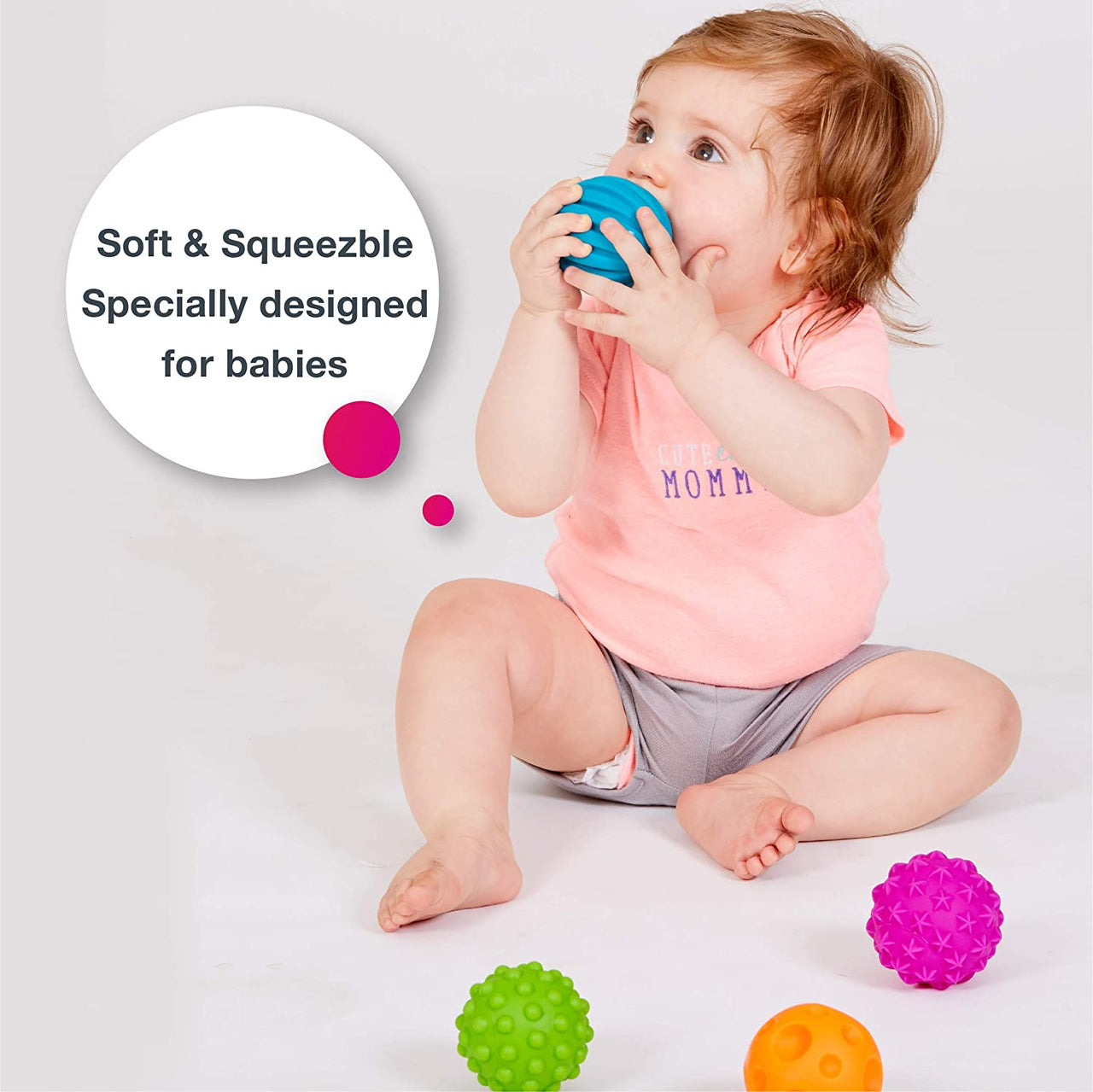 Six brightly coloured, soft, squeezable balls with different textures and shapes such as indented triangles or bumps for satisfying sensory play. Can be used for babies who are teething to soothe their gums. Encourage babies’ movement and hand eye co-ordination as they grasp them, roll them and crawl after them. BPA & Phthalate free. Easy to clean.