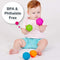 Six brightly coloured, soft, squeezable balls with different textures and shapes such as indented triangles or bumps for satisfying sensory play. Can be used for babies who are teething to soothe their gums. Encourage babies’ movement and hand eye co-ordination as they grasp them, roll them and crawl after them. BPA & Phthalate free. Easy to clean.