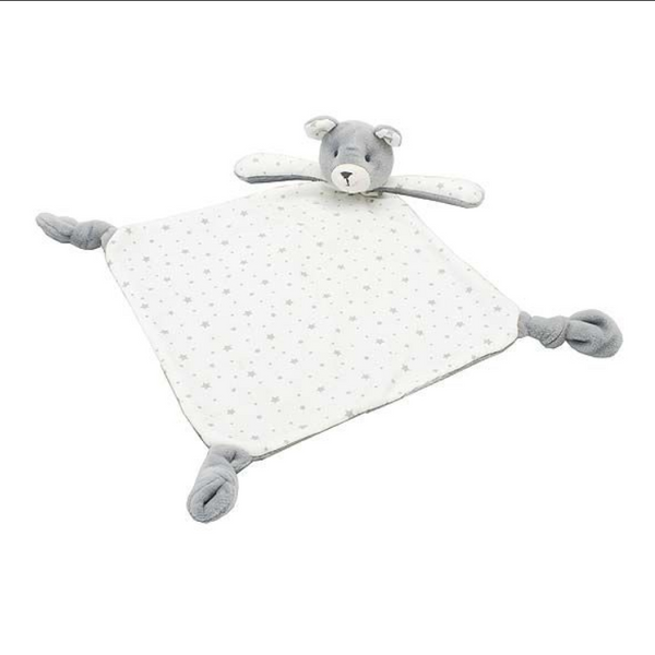 Bertie bear comforter with soft printed stars with knotted corners for babies to grip and contrasting fabrics for curious fingers. A lovely gift for a newborn.