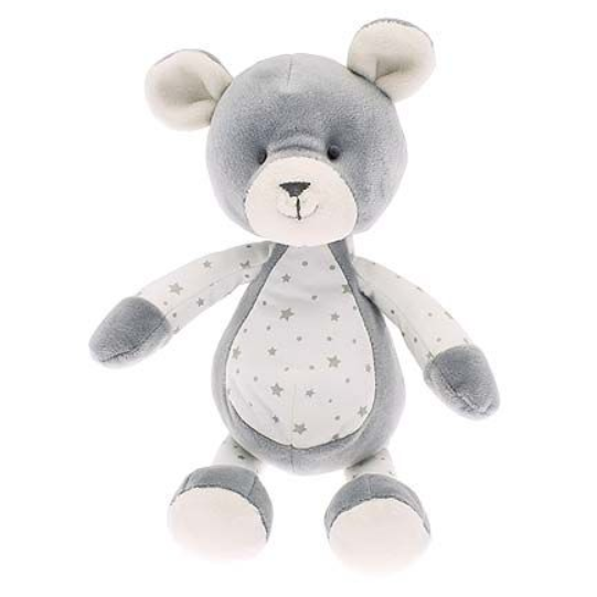 Bertie bear toy in soft grey with silver stars on his tummy. He has arms and legs designed for small hands to grab. A lovely gift for a newborn or child.