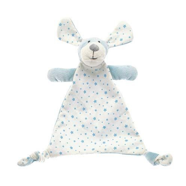 Paddy puppy double-sided comforter in a pale blue soft plush and jersey printed with stars finished with knotted corners for little fingers to grab. A lovely gift for a newborn.