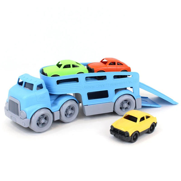 The double-decker Green Toys Car Carrier has two working ramps and space for three Mini Cars. With no small parts, it’s great for both indoor and outdoor play and encourages motor skill development and imaginative, creative play. 