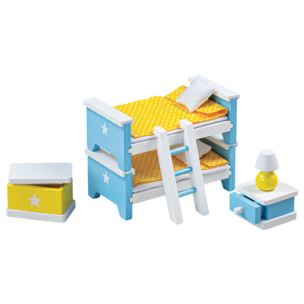 Create the perfect place for your dolls to sleep with this doll's house children's bedroom furniture set from Bigjigs! Wonderfully detailed and made from Beechwood, this set fits perfectly into most standard sized dolls houses. Includes two single beds which can be made into a bunk bed, a ladder, bedside table and bedside lamp and a toy box. The beds even come with coordinating bedding to keep dolls warm and cosy whilst they sleep! 