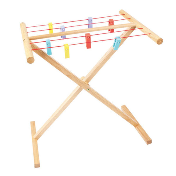 This fun wooden Clothes Airer from Bigjigs is the perfect place to dry clean clothes. The chunky pegs allows your little ones learn how to hang up their own laundry or their dolls and teddy's outfits. Learn more about what happens at washing time and develop realistic, fun role play sessions. Encourages creative and imaginative role play. Consists of 9 play pieces.