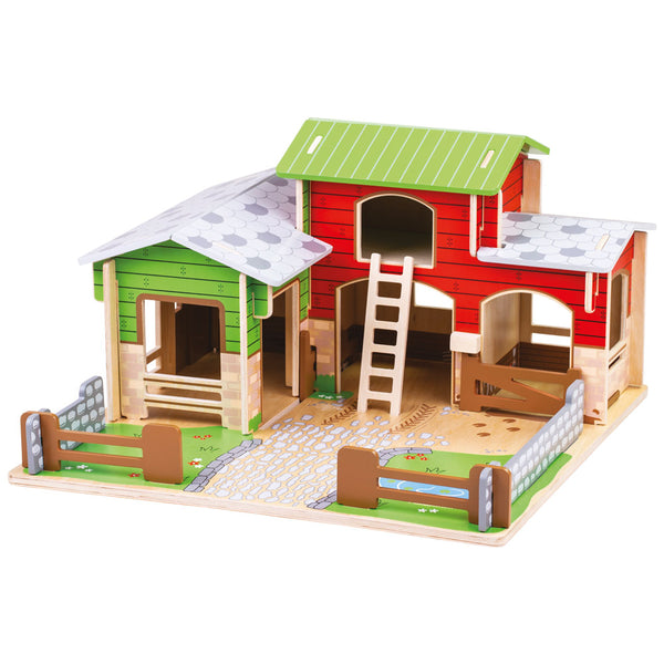Get Busy on this colourful Cobblestone Farm from Bigjigs! This Farm Play Set comes complete with a wooden baseboard, working gates, a stable, hayloft, a duck pond and space to park a tractor.