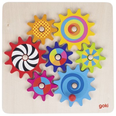 Let your young one explore and learn with this brightly coloured wooden toy. Fit the colourful cogwheels the right way on the pegs, then turn the knob and watch them turn round. 8 pieces. Motor Skills Toy.