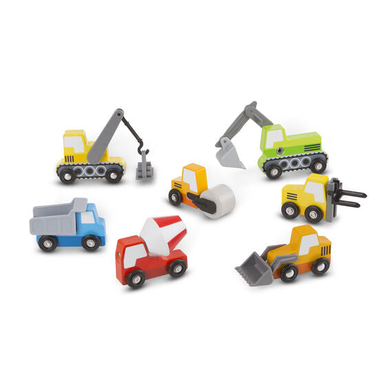 It's time to get constructive fun rolling with these colorful wooden vehicles! The eight-piece set includes a steam roller, cement mixer, forklift, dump truck, front loader, crane, and backhoe.
