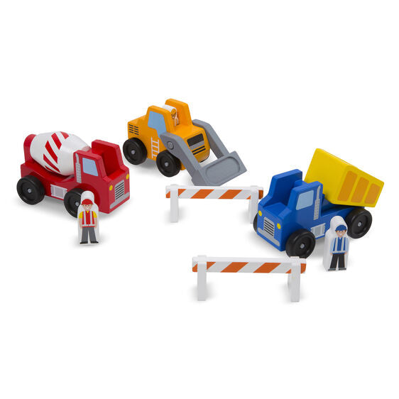 Get to work with this collection of three wooden emergency vehicles and two road barriers! Sturdy wooden construction and moving parts on each vehicle means the dump truck, cement mixer, and front loader will stand up to endless of hours of constructive play. Wooden construction worker play figures fit into each of the vehicles.