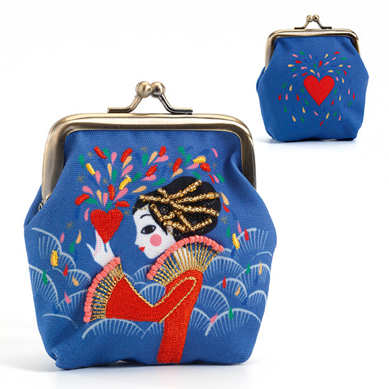 A purse with beautiful glittering illustrations and a retro clasp to hold your small savings.Textured illustrations with embroidered sections and sewn beads.