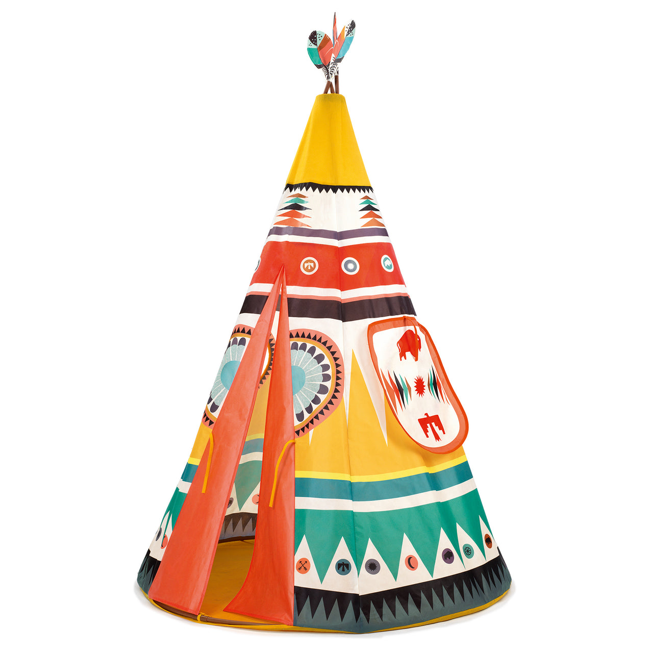 The teepee that every little rascal dreams of.This Colorful teepee with Native American-inspired patterns will add fun and charm to any room.Complete with a floor, there is also a doorway and a window, both of which can be kept open with strings.The teepee fabric is made of polyester in a light quality that can be cleaned with a damp cloth.