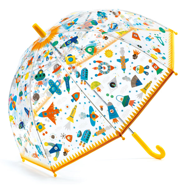 A brightly-coloured umbrella with a space-themed design. Its transparent design enables the child to see where he or she is going, and its manual opening fitted with a protection system means that it can be opened and closed without pinching your fingers. A colourful accessory, ideal for brightening up outings in the rain! 