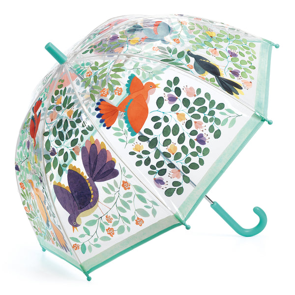 An umbrella illustrated with delightful birds in a spring setting. Its transparent design enables the child to see where he or she is going, and its manual opening fitted with a protection system means that it can be opened and closed without pinching your fingers. A colourful accessory, ideal for brightening up outings in the rain! 