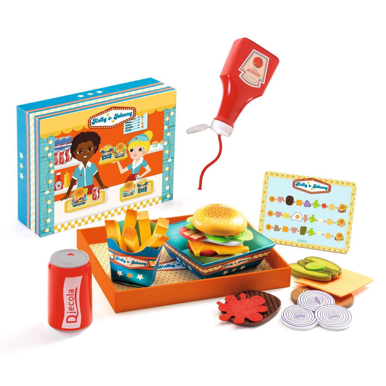 In this pretty wooden box, all the accessories needed to prepare three delicious hamburgers. The child composes the hamburgers as he wishes or follows the suggestions on the menu card. All that's left is to taste