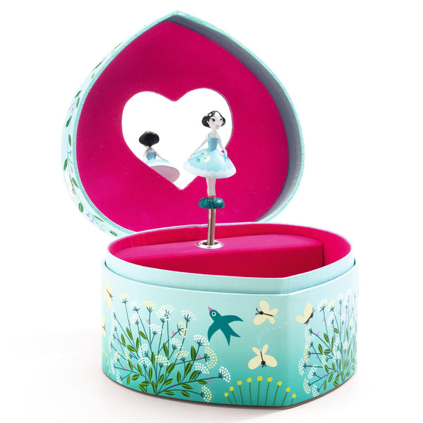 Budding dancer is a pretty heart-shaped music box for keeping jewellery and secret things in. Turn the handle, open the box, and surprise! A delicately carved dancer turns, reflected in a shaped mirror, to Carl Maria Von Weber’s “Invitation to the Dance”.