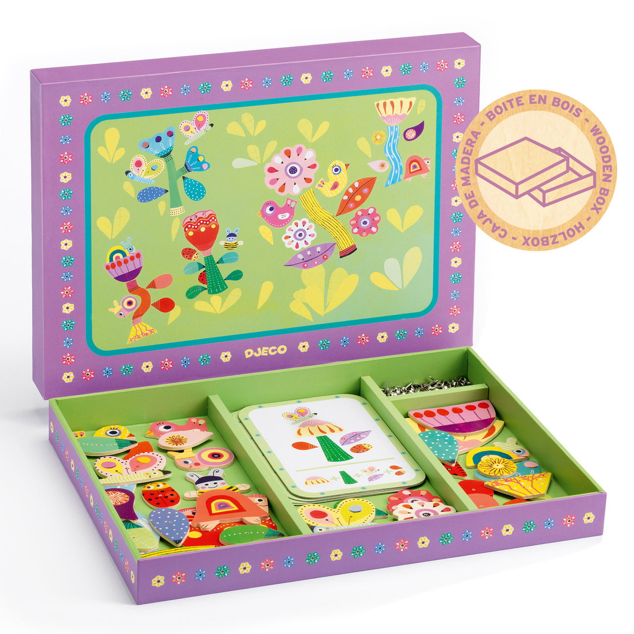 Tap tap Garden is a classic nursery activity updated by Djeco to develop little ones’ dexterity. Children can build their own flowers and gardens by attaching pieces to the cork board with the little hammer and nails. They can either recreate the designs provided or use their imagination to create a beautiful garden! Everything comes in a lovely wooden box!