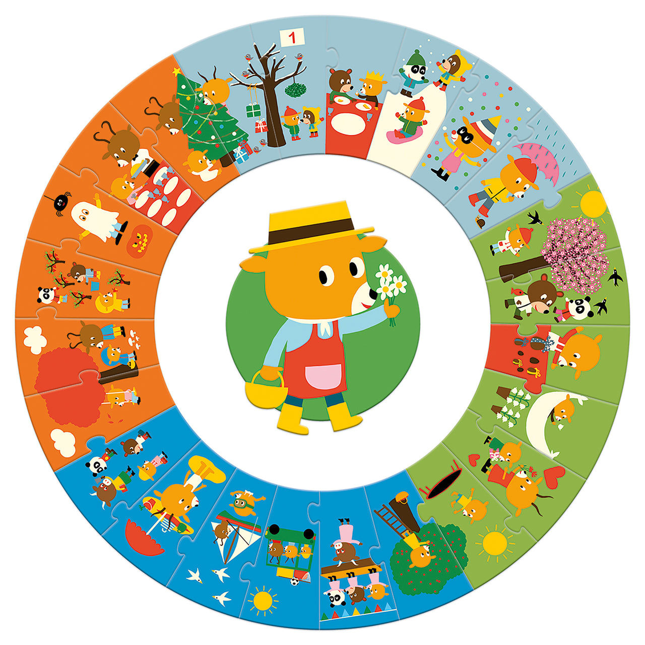 The giant "The Year" jigsaw is a circular puzzle of 24 pieces to help children visualise the cycle of a year. A colourful stroll through the 12 months to see the transformation of nature and to identify the different annual festivals. 