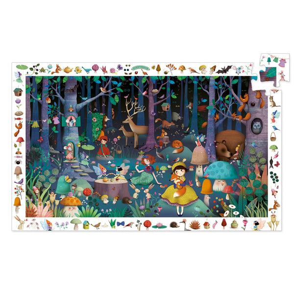 A 100-piece observation puzzle showing what really happens in an enchanted forest after dark. Children put the puzzle together, then get to have fun finding items from the border in the main picture. 