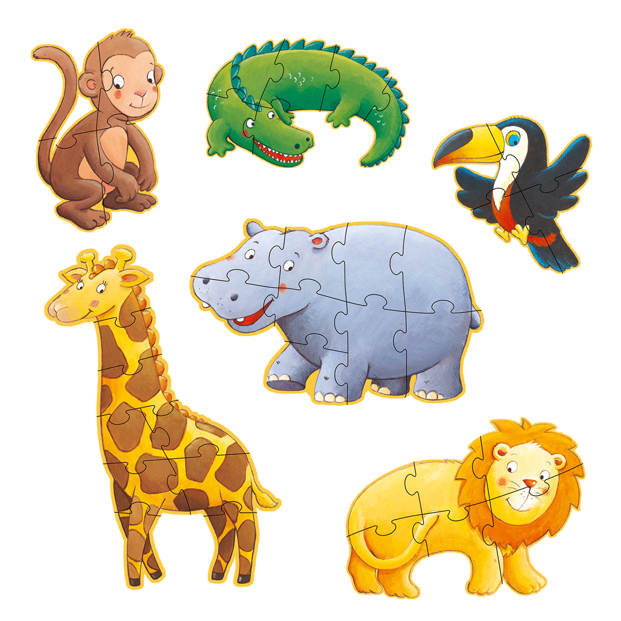 “Marmoset & friends” is a set of 6 giant 4-, 6- and 9-piece progressive shaped jigsaws. Children piece together the different jungle animals: a toucan, a monkey, a lion, a crocodile, a giraffe and a hippopotamus. Once completed, children place the jigsaws on top of each other to create a tall 1.30m pyramid. 