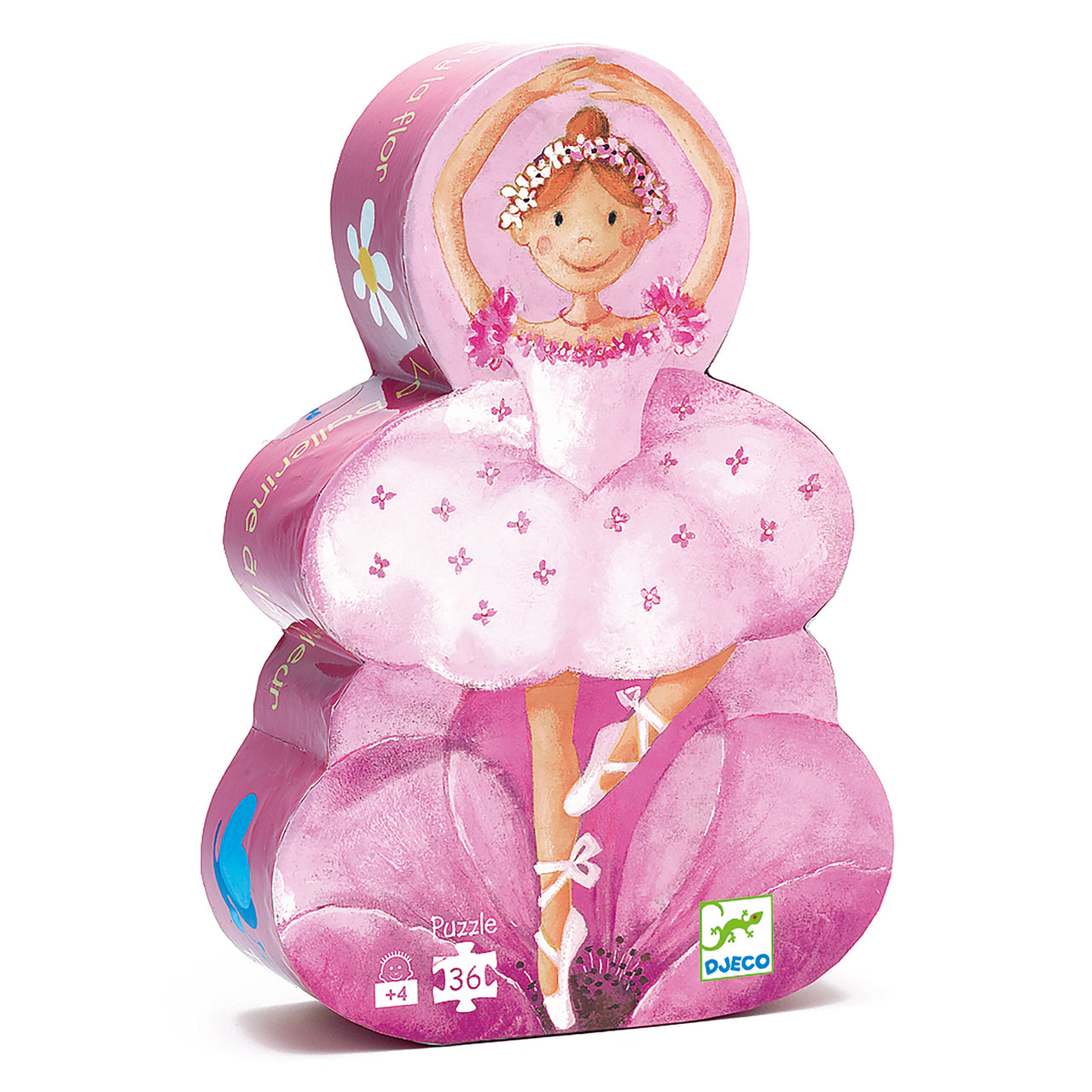 A trip to the ballet to see a flower-themed show. A beautiful 36-piece puzzle in a stylish ballerina-shaped box. Decorative shaped box for the child’s bedroom. Large, easy-to-hold pieces.