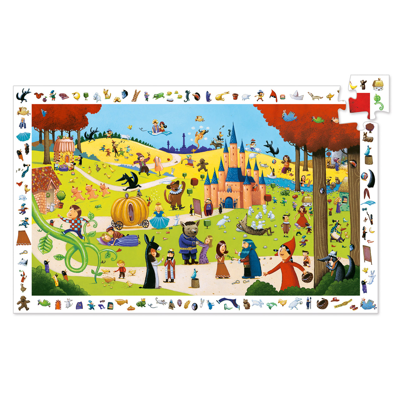 A 54-piece observation puzzle featuring a crowd of characters from famous fairytales. From Little Red Riding Hood to Cinderella, children will love trying to find them all. They put the puzzle together, then get to have fun finding items from the border in the main picture. 