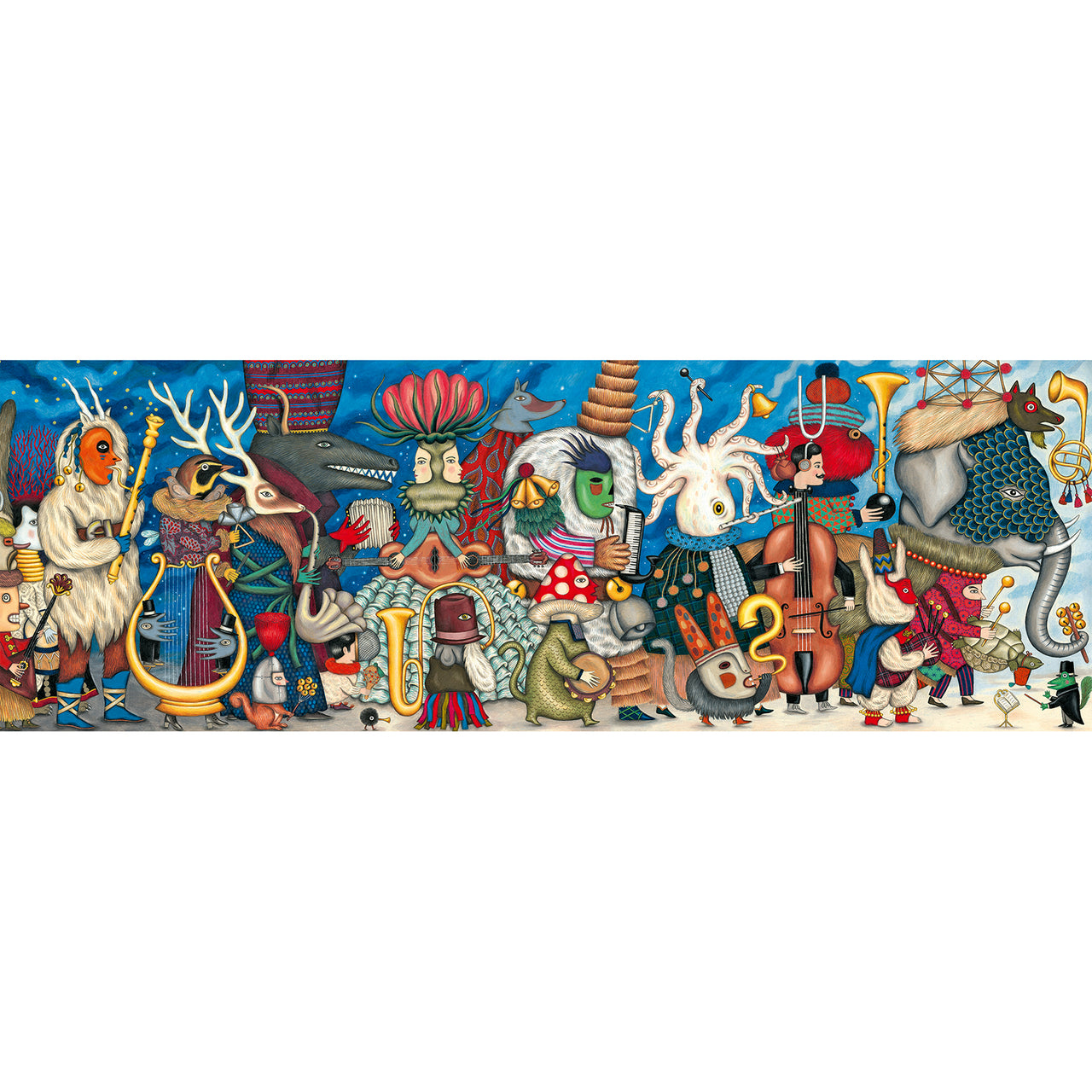 Fantasy Orchestra is a 500-piece puzzle gallery showing weird and wonderful animals playing their instruments. Our illustrators went wild with an all-new, super long format! A fun and innovative way of teaching children about painting. 