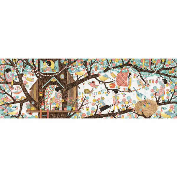 Tree house is a 200-piece puzzle gallery. Hidden in the heart of the flowering canopy, life is sweet and colourful. Our illustrators went wild with an all-new, super long format! A fun and innovative way of teaching children about painting. 