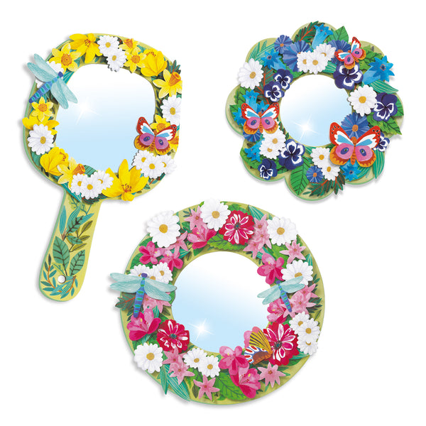 A creative kit for decorated 3 matching mirrors. Using the thick foam stickers, children attach the different floral decorations together. They can build volume with multiple layers, producing mirrors beautifully crowned with flowers. They can then be used as decorative pieces when displayed on the wall. 6+